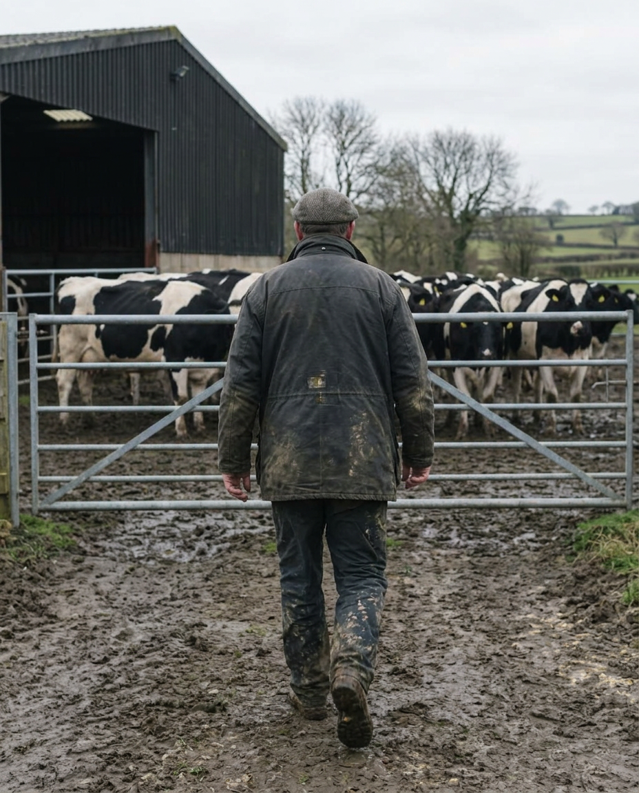 British farmer walking towards a farm gate