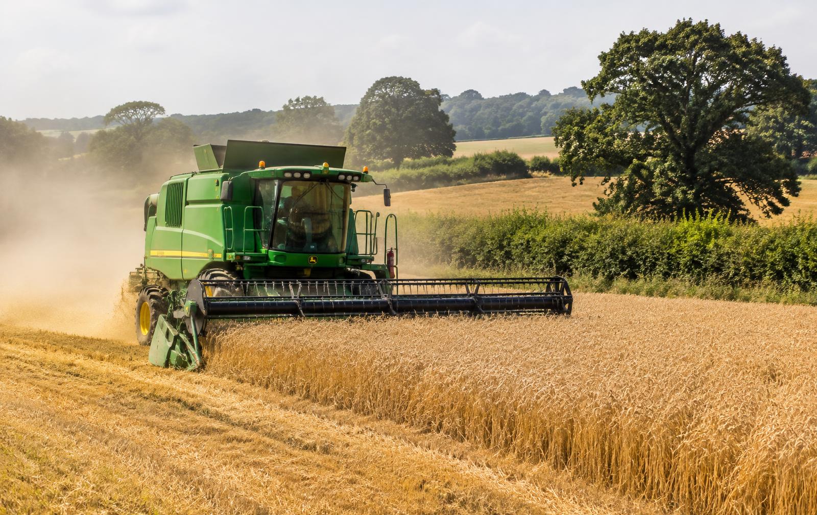 Tractor harvesting wheat