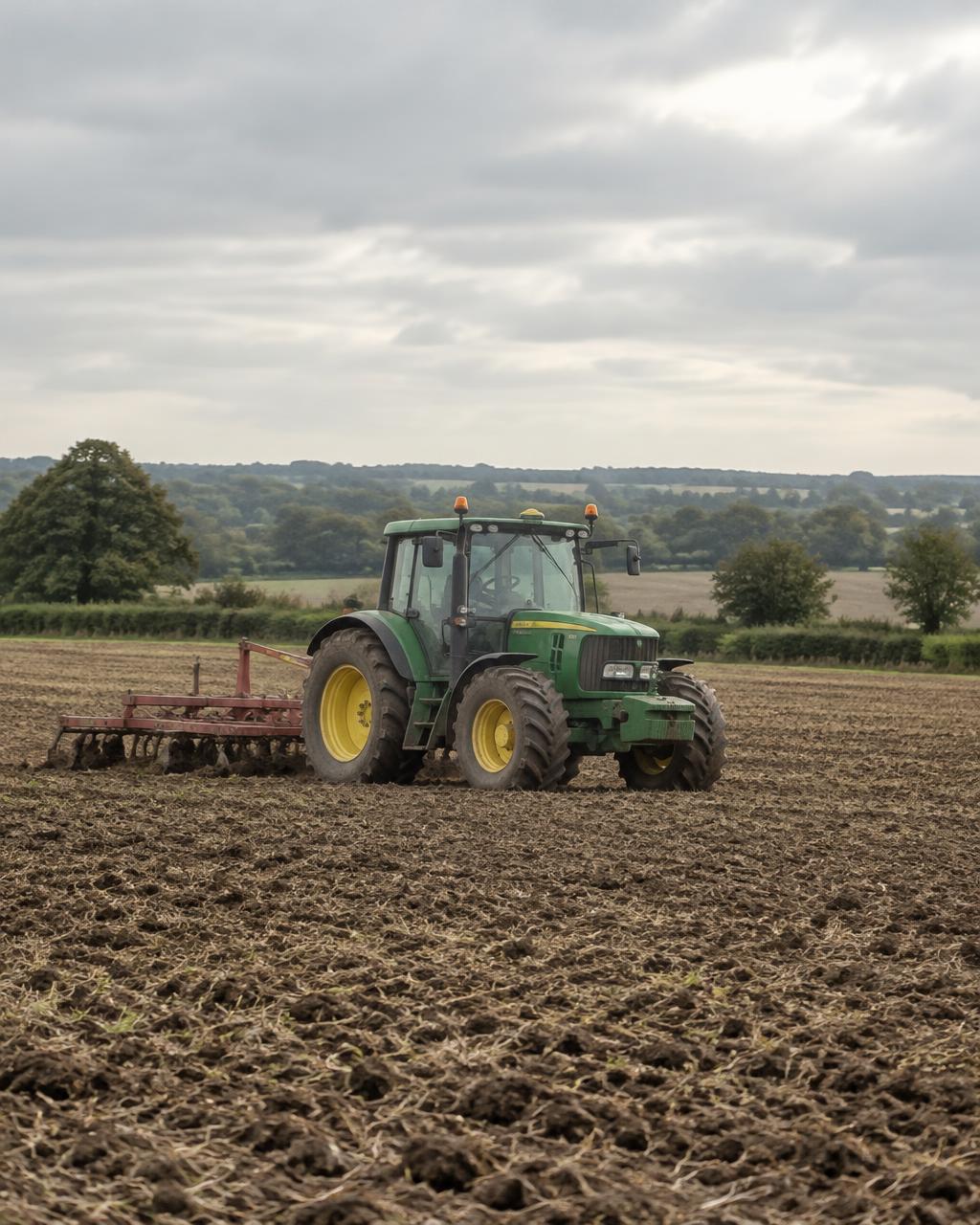 Green tractor standing in a British arable field